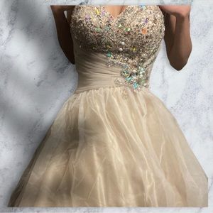 Cream Colored Gown Cinched Waist Bedazzled Gemstones Top Long Size 14